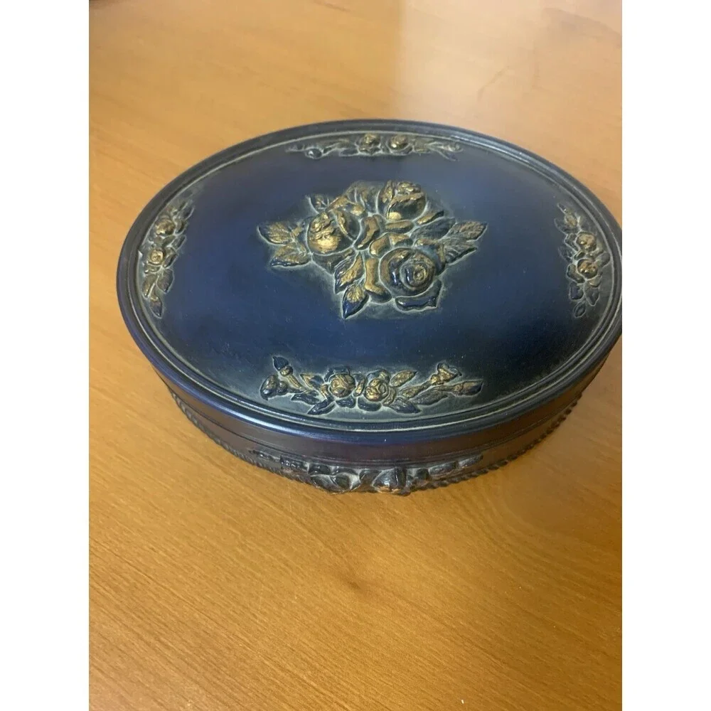 Vintage Navy Trinket Box Gold  3D Roses Wood 6”x5”